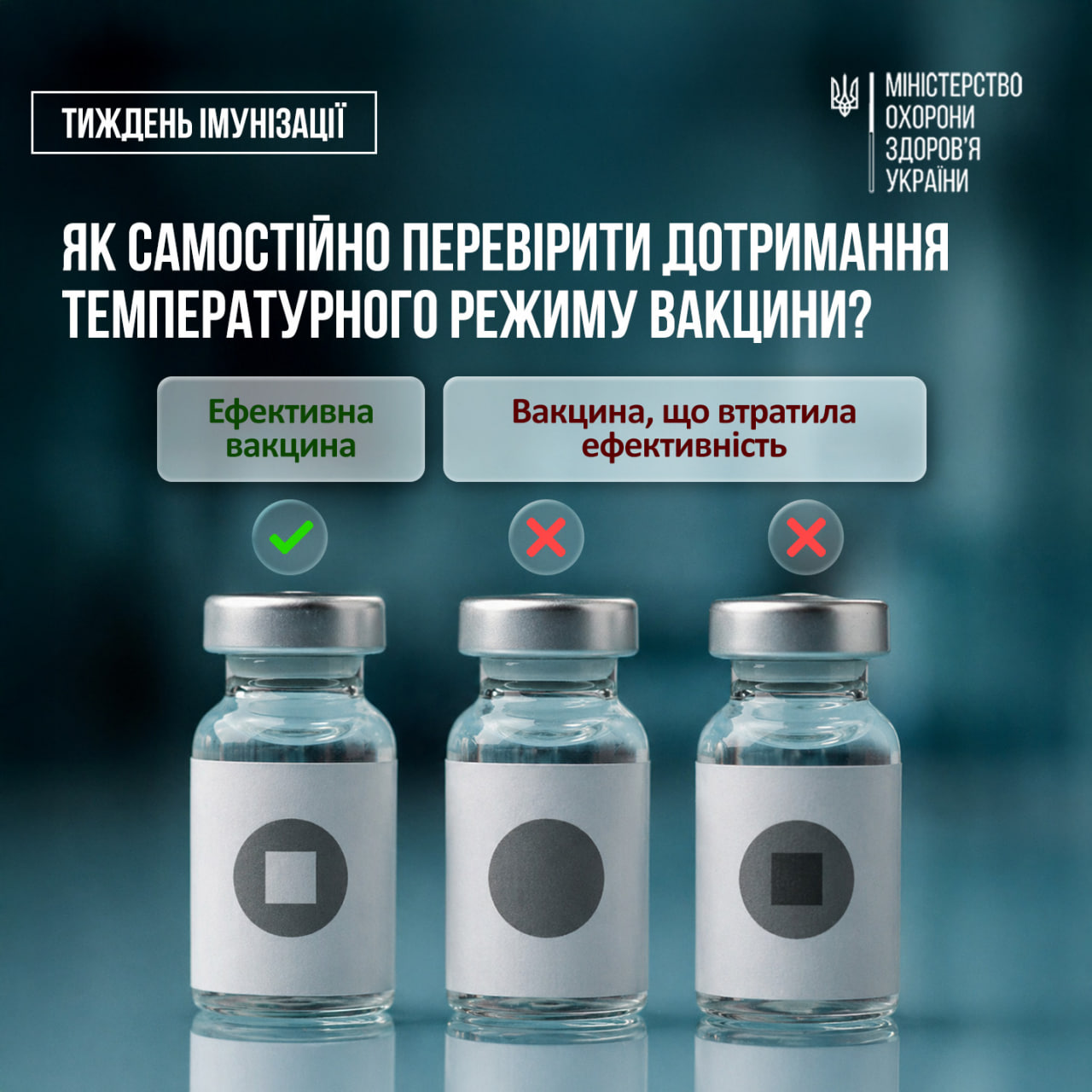 Інфографіка МОЗ про перевірку вакцин. Зображено три флакони з індикаторами: один ефективний (світлий квадрат) та два зіпсовані (темні квадрати).